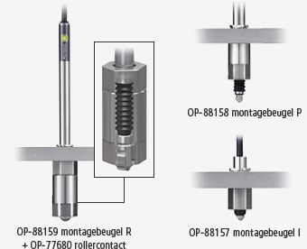 OP-88159 montagebeugel R + OP-77680 rollercontact, OP-88158 montagebeugel P, OP-88157 montagebeugel I