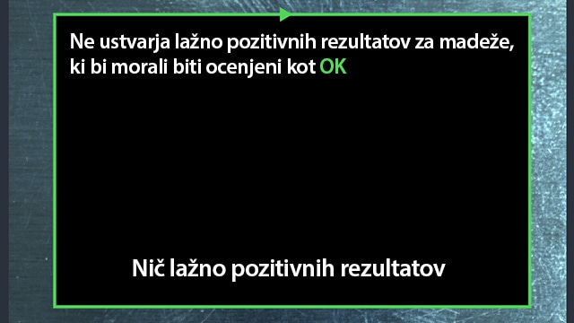 Ne ustvarja lažno pozitivnih rezultatov za madeže, ki bi morali biti ocenjeni kot [OK] Nič lažno pozitivnih rezultatov