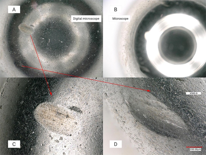 A: Observation using a digital microscope B: Observation using a microscope C: Observation of an indentation on the front surface D: Observation of an indentation on the back surface (500x)