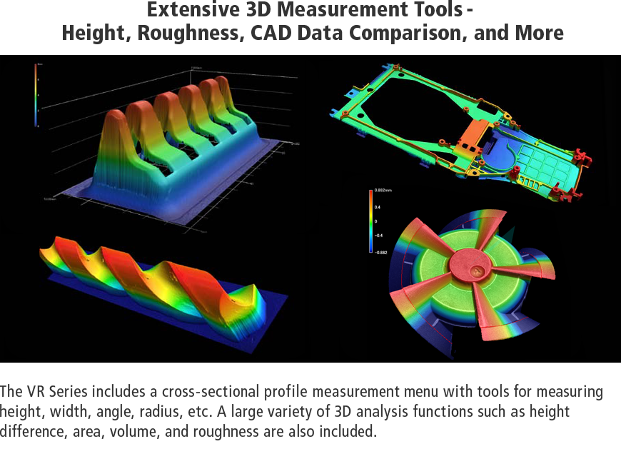 [Extensive 3D Measurement Tools - Height, Roughness, CAD Data Comparison, and More] The VR Series includes a cross-sectional profile measurement menu with tools for measuring height, width, angle, radius, etc. A large variety of 3D analysis functions such as height difference, area, volume, and roughness are also included.