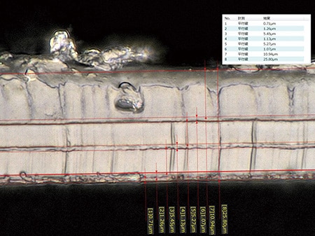 Měření tloušťky průřezu vícevrstvé fólie s využitím digitálního 4K mikroskopu řady VHX