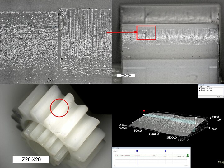 Pozorování plastového ozubeného kola (20×) a pozorování, měření 3D tvaru a měření profilu kontaktního povrchu (50×)