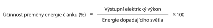 Účinnost přeměny energie článku (%) = výstupní elektrická energie / energie dopadajícího světla × 100