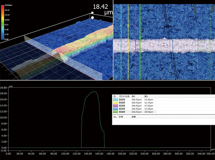 3D měření tvaru a měření profilu elektrody: koaxiální osvětlení (1000×)