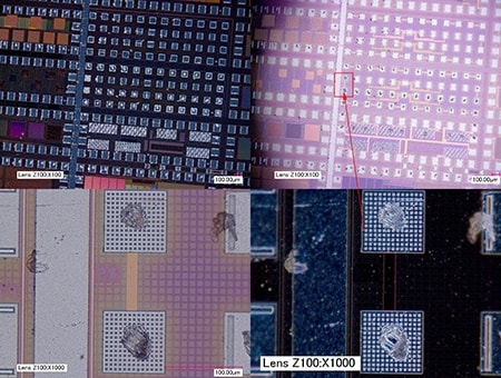 Snímky pro analýzu místa poruchy v malém zvětšení a ve velkém zvětšení (až 1000×)