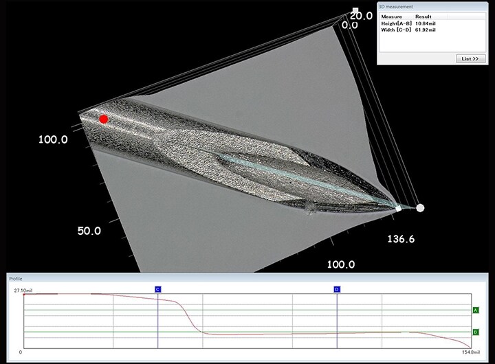 Měření 3D tvaru a profilu hrotu zdravotnické jehly