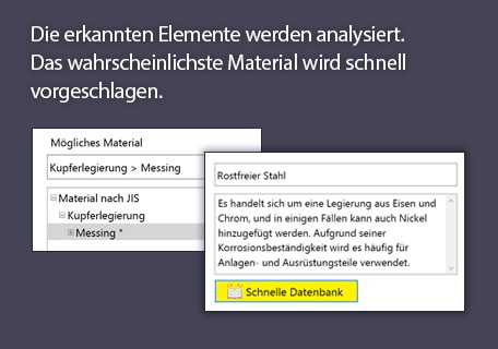 Die erkannten Elemente werden analysiert. Das wahrscheinlichste Material wird schnell vorgeschlagen.