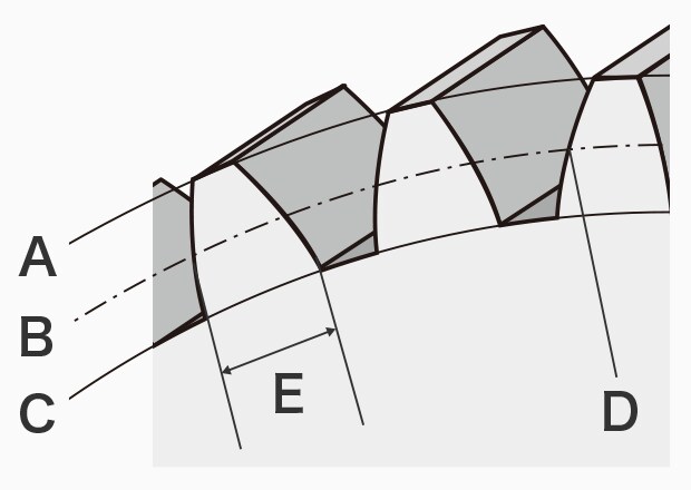 A: Kopfkreis B: Teilkreis C: Fußkreis D: Wälzpunkt E: Zahndicke