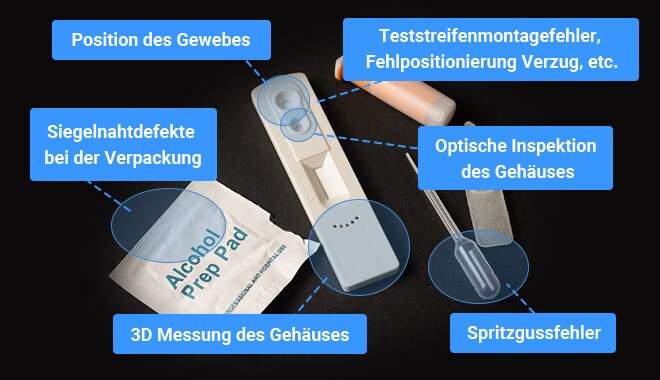 Position des Gewebes, Teststreifenmonatgefehler Fehlpositionierung Verzug, etc., Siegelnahtdefekte bei der Verpackung, Optische Inspektion des Gehäuses, 3D Messung des Gehäuses, Spritzgussfehler