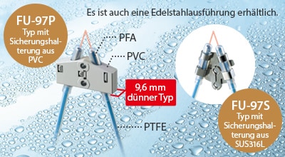 Es ist auch eine Edelstahlausführung erhältlich. / [FU-97P] Typ mit Sicherungshalterung aus PVC / 9,6 mm dünner Typ / [FU-97S] Typ mit Sicherungshalterung aus SUS316L