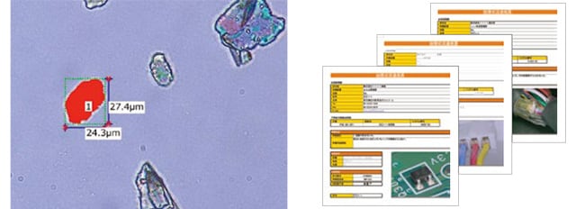 Messung im Rahmen einer Restschmutzanalyse direkt im Livebild (l.) und Berichtausgabe