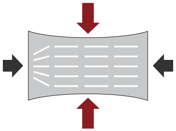 A: Glasfaser B: Anschnittposition  Roter Pfeil: Größere Schrumpfung  Schwarzer Pfeil: Geringere Schrumpfung