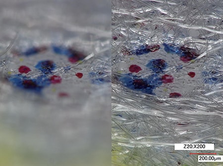 Links: normal / rechts: mit Tiefenzusammensetzung (200x)