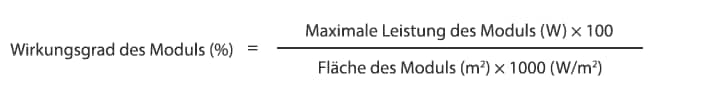 Wirkungsgrad des Moduls (%) = Maximale Leistung des Moduls (W) × 100 / Fläche des Moduls (m²) × 1000 (W/m²)