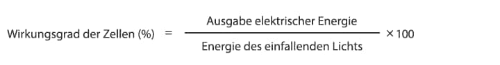 Wirkungsgrad der Zellen (%) = Ausgabe elektrischer Energie/Energie des einfallenden Lichts × 100