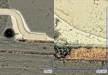 Betrachtung von Lötrissen an einem IC-Querschnitt (links: 150x / rechts: 1000x)