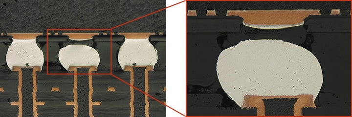 Querschnitt eines Ball Grid Arrays (BGA): Betrachtung eines Durchgangsdefekts aufgrund einer gerissenen Lotkugel (links: 200x / rechts: 500x)