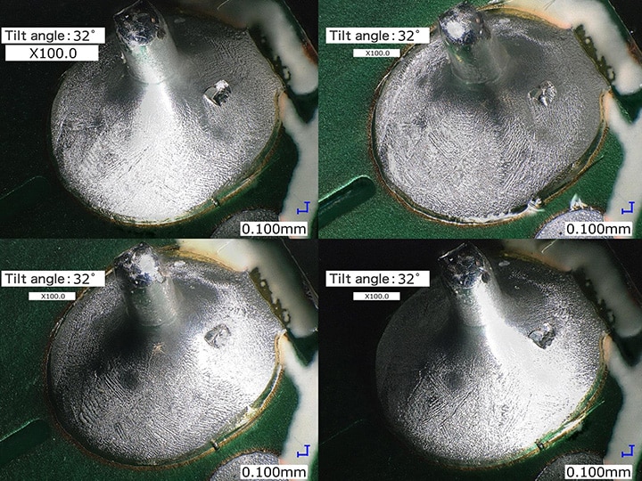 Betrachtung einer Lötnaht und eines Lötpads aus der Schräge mit Multi-Lighting (100x)