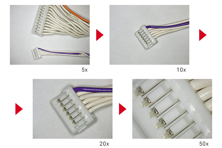 Vergrößerte Bilder von gecrimpten Steckern mit dem Digitalmikroskop der Modellreihe VHX