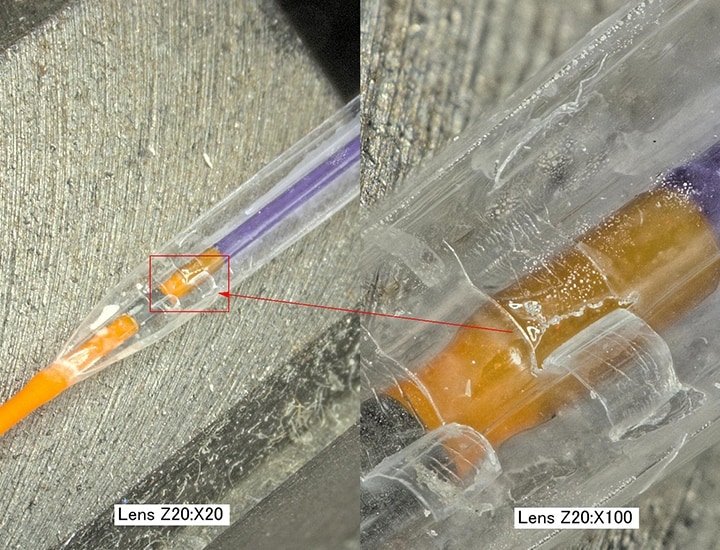 Vergrößerte Betrachtung des Ballonkatheters: 20x (links) und 100x (rechts)