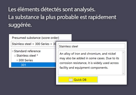 Les éléments détectés sont analysés. La substance la plus probable est rapidement suggérée.