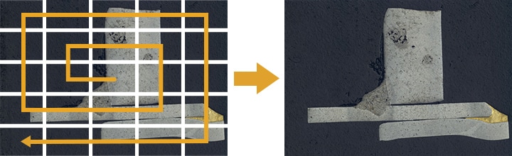 La fonction d’assemblage d’images commande automatiquement la platine pour capturer une large surface, tout en maintenant un fort grossissement et une résolution élevée.
