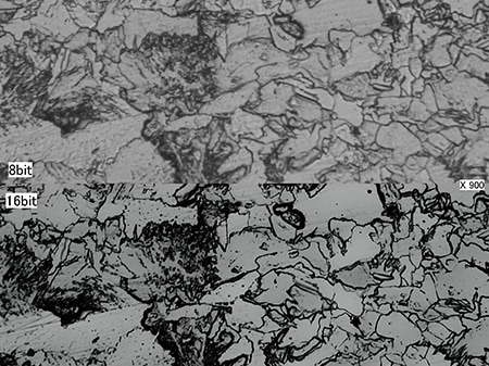Structure métallique (900x) Haut : Image 8 bits/Bas : Image 16 bits