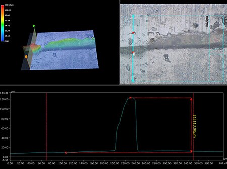 Mesure de profil d’une bavure microscopique à la ligne de joint (500x)