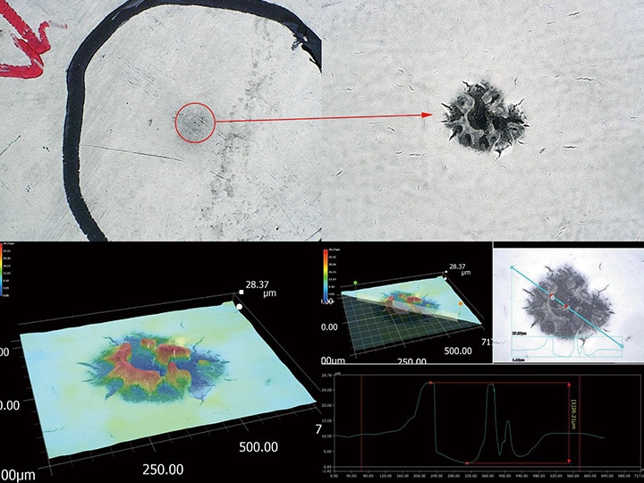 Haut : observation du trou d’épingle sous fort grossissement/Bas : mesure de forme 3D et de profil