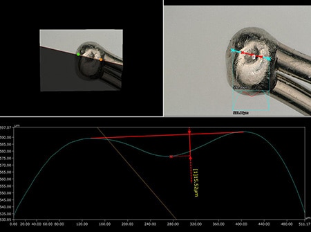 Mesure de profil d’un défaut de brasure sur une électrode au microscope numérique 4K Série VHX