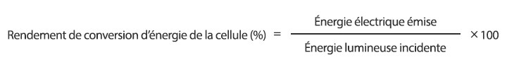 Rendement de conversion d’énergie de la cellule (%) = Énergie électrique émise/Énergie lumineuse incidente × 100