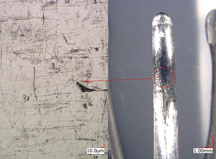 Observation sous fort grossissement du décollement d’un placage sur une canule endoscopique