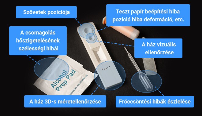 Szövetek pozíciója, Teszt papír beépítési hiba pozíció hiba deformáció, etc., A csomagolás hőszigetelésének szélességi hibái, A ház vizuális ellenőrzése, A ház 3D-s méretellenőrzése, Fröccsöntési hibák észlelése