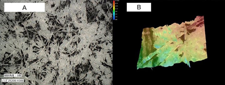 A. Hibát tartalmazó minta elemzése (300×)  B. 3D-s alakmérés a hibát tartalmazó mintán