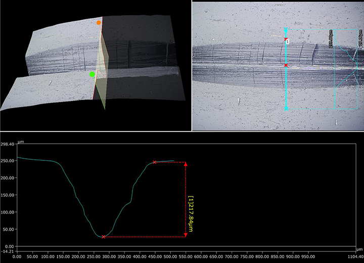 Koaxiális megvilágítás + HDR (300×) + 3D-s megjelenítés és profilmérés