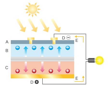 A: Antireflectiefolie B: n-type silicium C: p-type silicium D: Elektroden E: Stroom