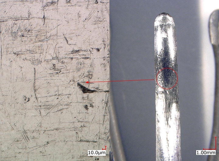 Sterk vergrote waarneming van het afbladderen van platering op een onderdeel van een endoscoop