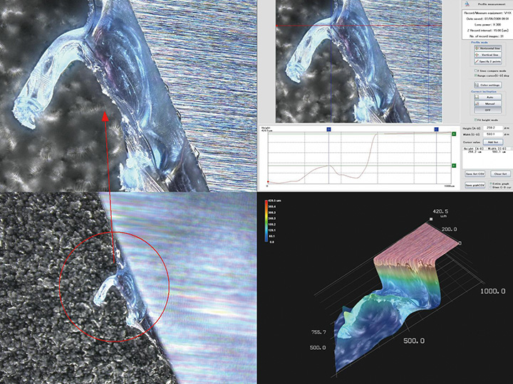 Gekantelde waarneming van een defecte rand (sterke/geringe vergroting van beelden, 3D-vormmeting en -profielmeting)