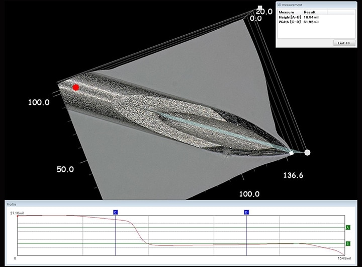 3D-vorm- en -profielmeting van de punt van een medische naald