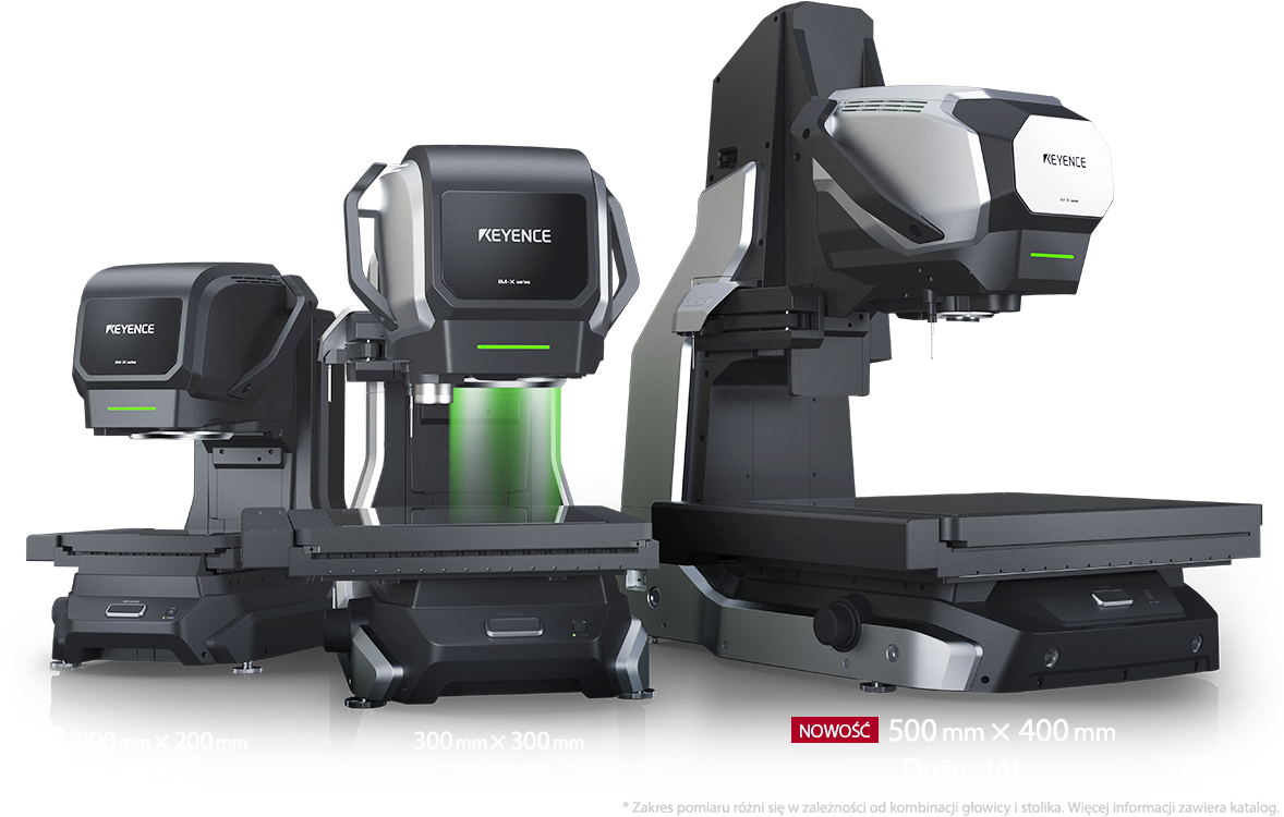 Głowica IM o szerokim polu widzenia・Głowica LM o wysokiej dokładności / 200 mm × 200 mm Mały stół・300 mm × 300 mm Średni stół・500 mm × 400 mm Duży stół