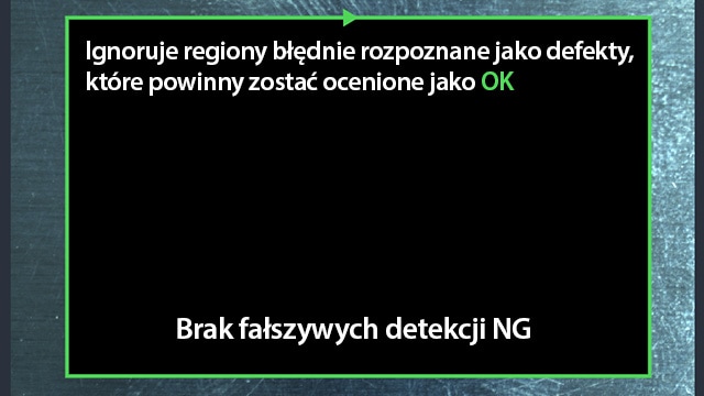 Ignoruje regiony błędnie rozpoznane jako defekty, które powinny zostać ocenione jako [OK] Brak fałszywych detekcji [NG]