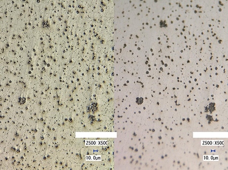 Kąt nachylenia struktury metalu (500×) Po lewej: 4K HDR/po prawej: normalny