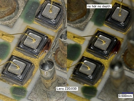 Po lewej: obraz HDR + kompozycja głębi/po prawej: bez (50×)